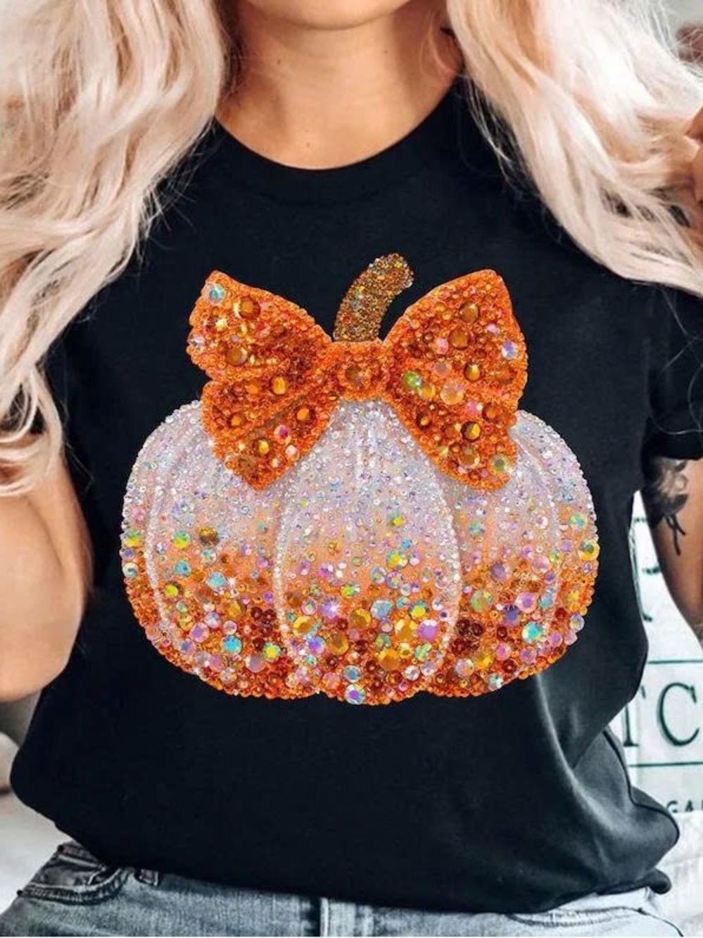 Gildan Black Tee with Sparkling Orange Bow and White Pumpkin Graphic
